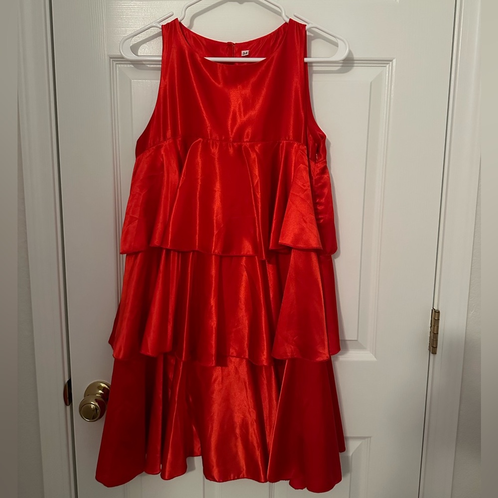 Red satin material three tier sleeveless party dress